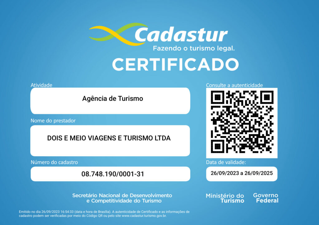 Certificado do Cadastro de Prestadores de Serviços Turísticos preenchido com os seguintes campos de informação: Atividade - Agência de Turismo; Nome do Prestador - Dois e meio viagens e turismo LTDA; Número do cadastro - 08.748.190/0001-31; Validade 26/09/2025